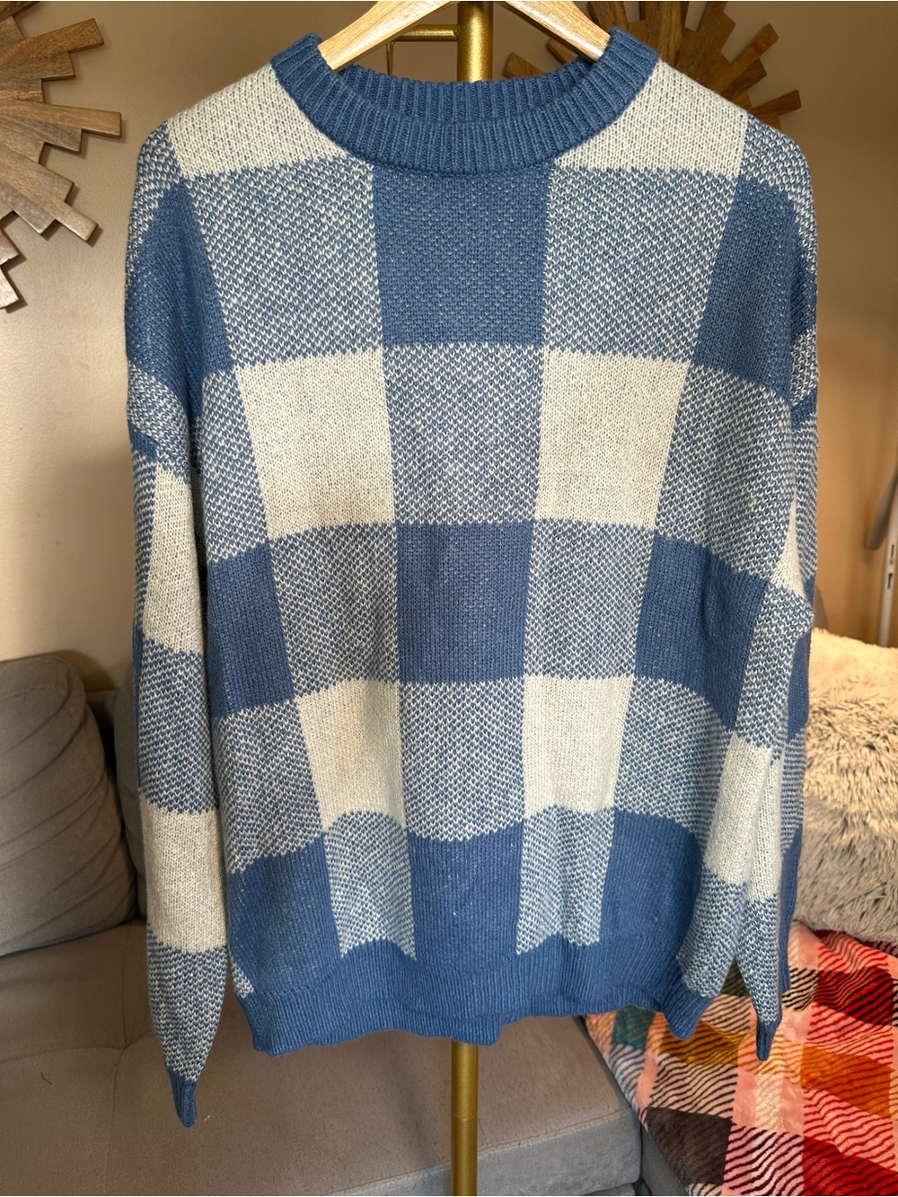 ASOS Gingham Blue and Cream Checkered Crewneck Sweater